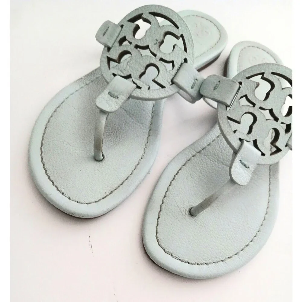 Tory Burch Miller Thong Sandal Ice Blue Pebbled Leather 7.5M w Dustbag